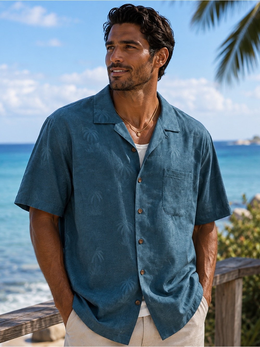 Tommy Bahama Silk Camp Shirt Blue Short Sleeve Button Up Men's XL